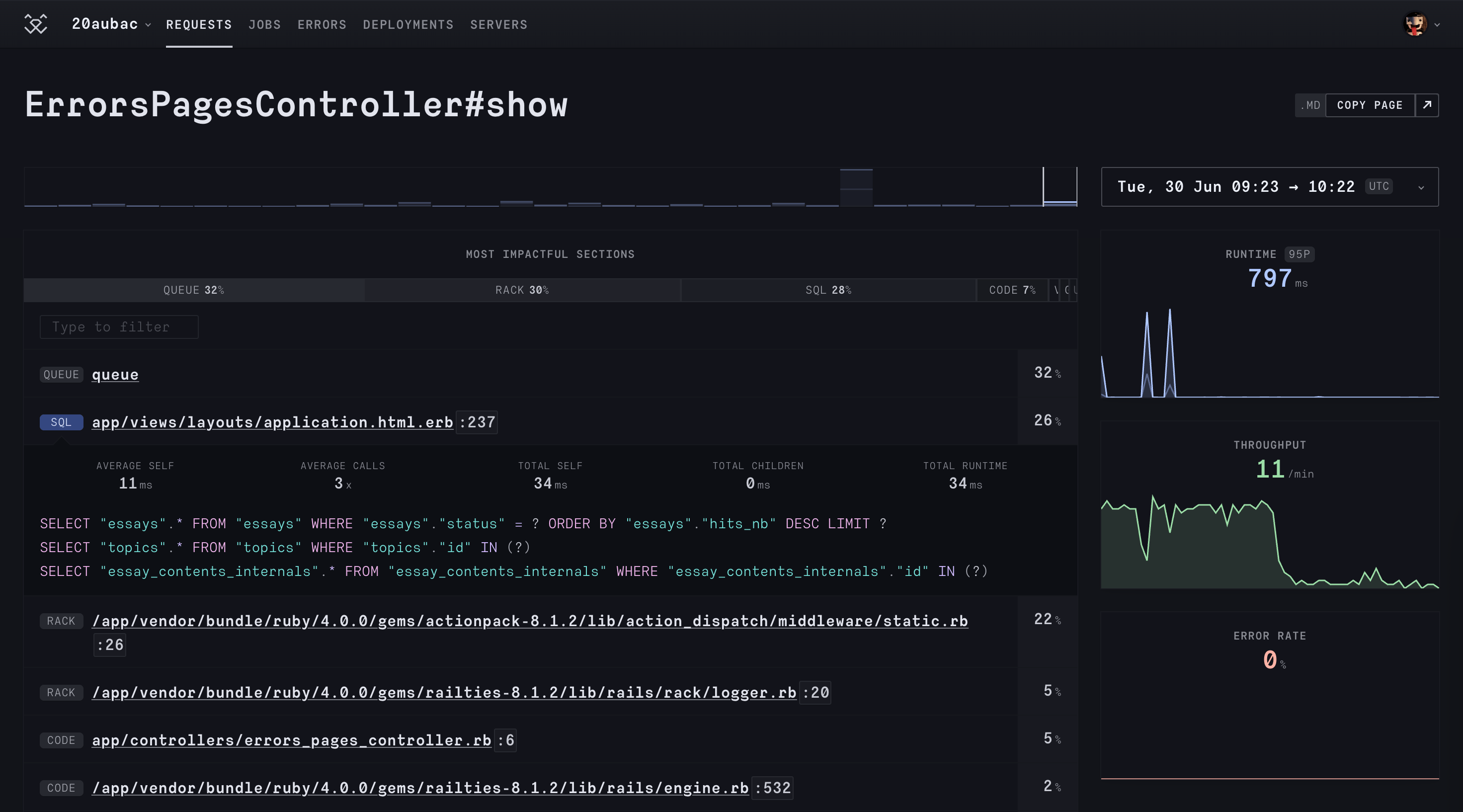 RoRvsWild requests dashboard showing response times and throughput
